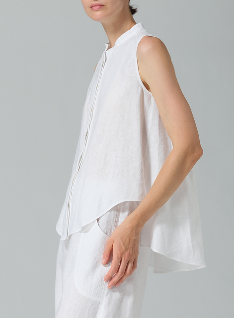 Linen A-line Sleeveless Top with Mandarin Collar