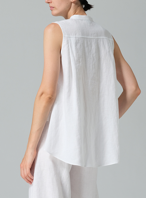 Linen A-line Sleeveless Top with Mandarin Collar