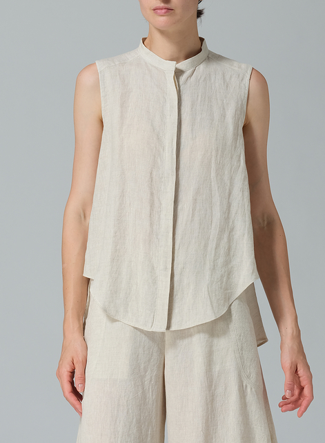 Linen A-line Sleeveless Top with Mandarin Collar