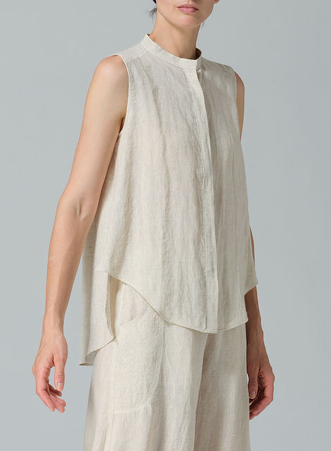 Linen A-line Sleeveless Top with Mandarin Collar