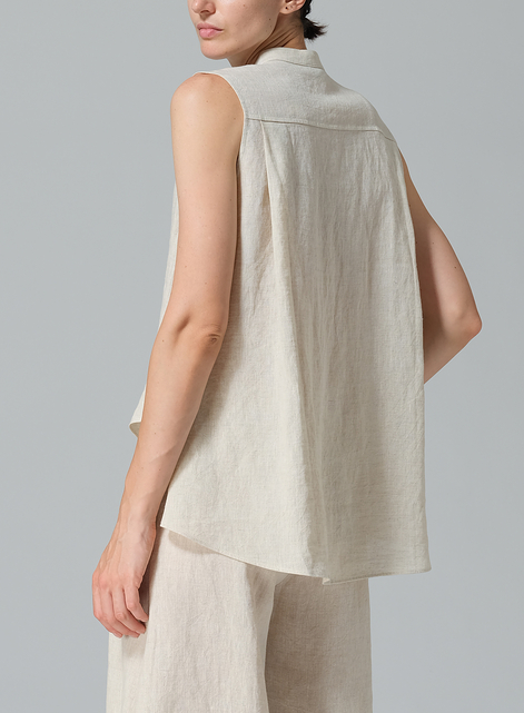 Linen A-line Sleeveless Top with Mandarin Collar