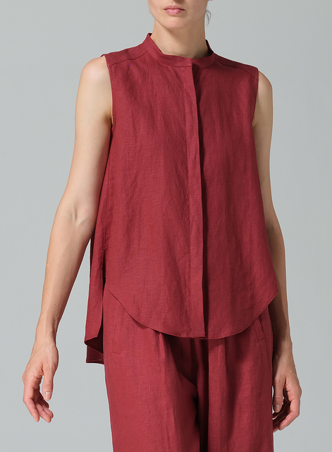 Linen A-line Sleeveless Top with Mandarin Collar