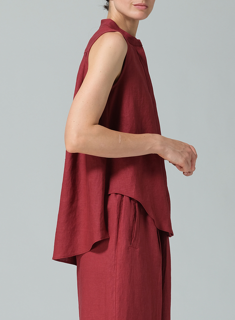 Linen A-line Sleeveless Top with Mandarin Collar