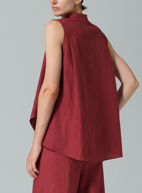 Linen A-line Sleeveless Top with Mandarin Collar