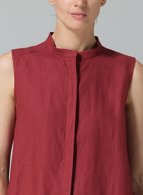 Linen A-line Sleeveless Top with Mandarin Collar