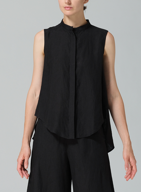 Linen A-line Sleeveless Top with Mandarin Collar