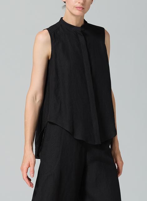 Linen A-line Sleeveless Top with Mandarin Collar