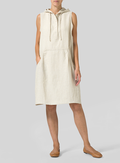 Linen Sleeveless Hoodie Long Tunic