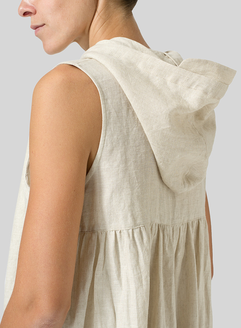 Linen Sleeveless Hoodie Long Tunic