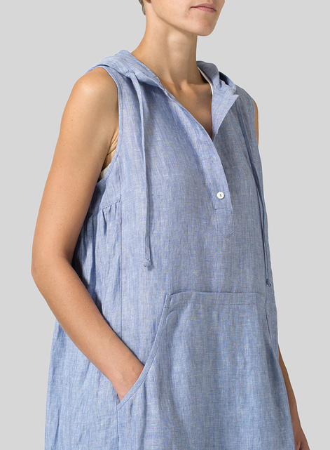 Linen Sleeveless Hoodie Long Tunic