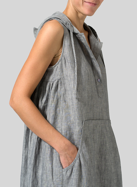 Linen Sleeveless Hoodie Long Tunic