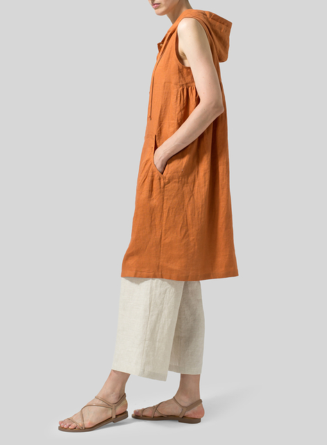 Linen Sleeveless Hoodie Long Tunic