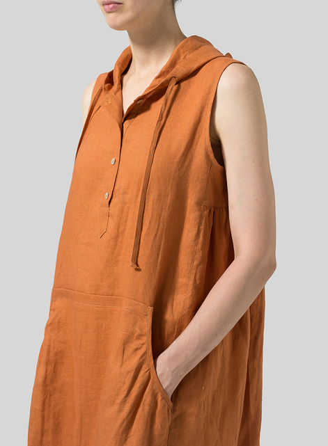 Linen Sleeveless Hoodie Long Tunic