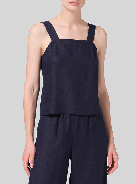 Linen Square Neckline Button-Back Straight Short Tank