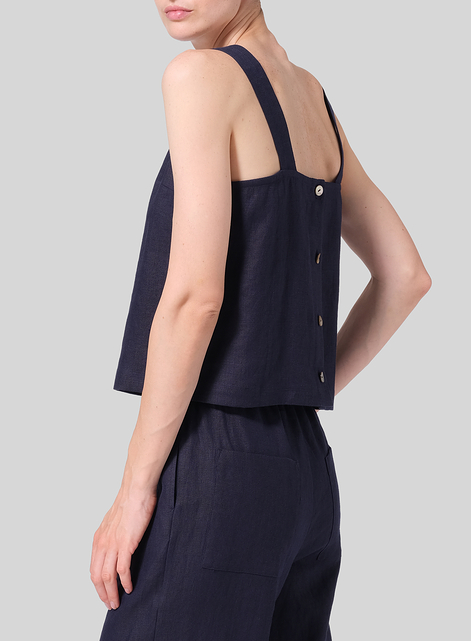 Linen Square Neckline Button-Back Straight Short Tank