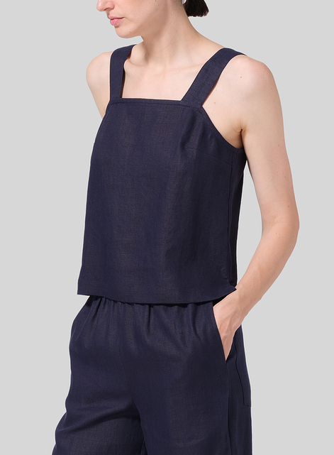 Linen Square Neckline Button-Back Straight Short Tank