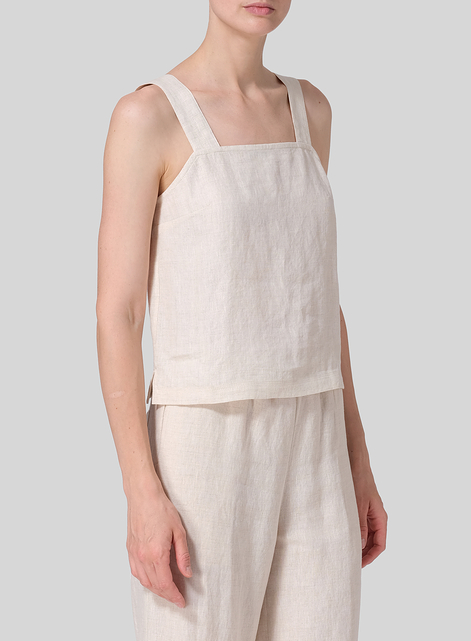 Linen Square Neckline Button-Back Straight Short Tank