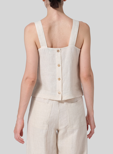 Linen Square Neckline Button-Back Straight Short Tank