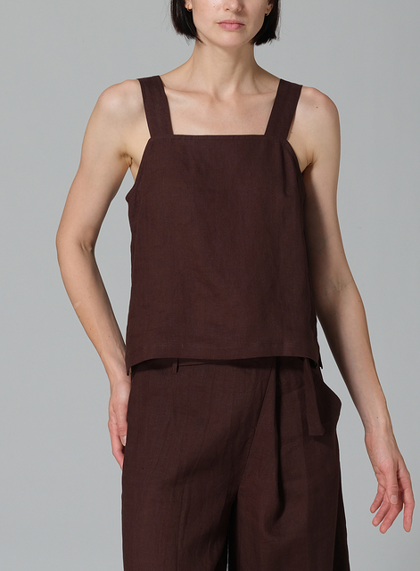 Linen Square Neckline Button-Back Straight Short Tank