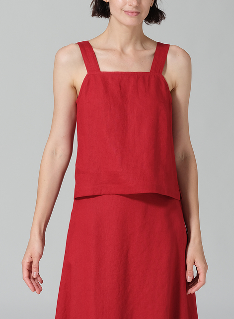 Linen Square Neckline Button-Back Straight Short Tank