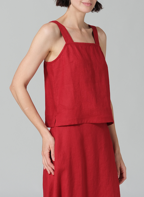 Linen Square Neckline Button-Back Straight Short Tank