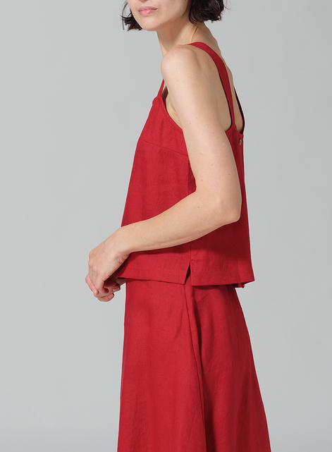 Linen Square Neckline Button-Back Straight Short Tank