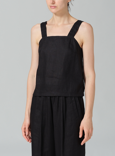 Linen Square Neckline Button-Back Straight Short Tank