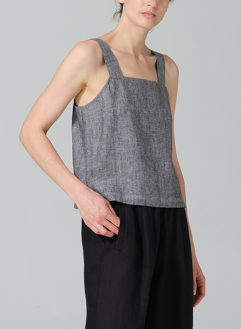 Linen Square Neckline Button-Back Straight Short Tank