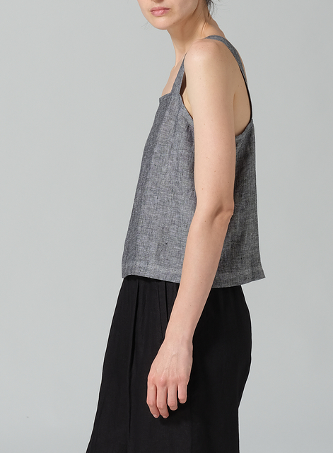 Linen Square Neckline Button-Back Straight Short Tank