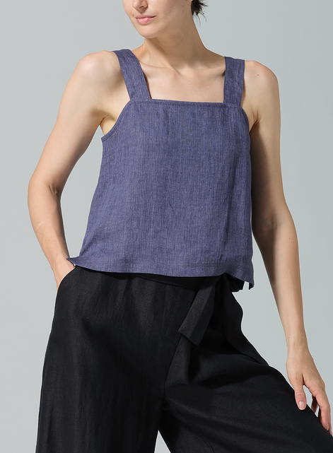 Linen Square Neckline Button-Back Straight Short Tank