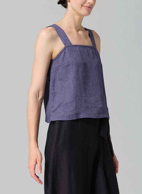 Linen Square Neckline Button-Back Straight Short Tank