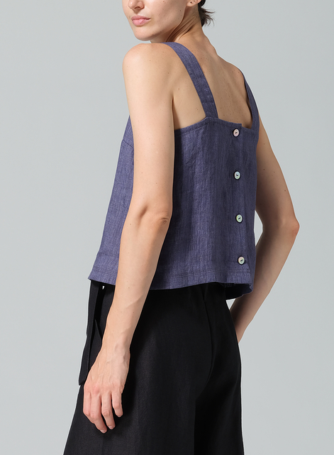 Linen Square Neckline Button-Back Straight Short Tank