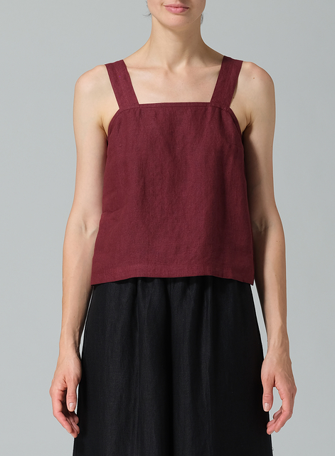 Linen Square Neckline Button-Back Straight Short Tank