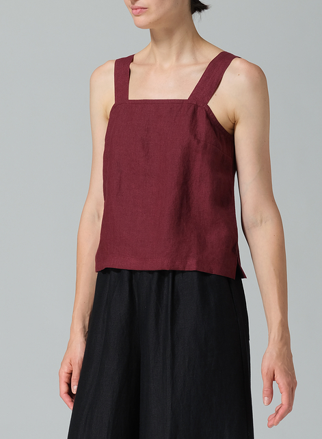 Linen Square Neckline Button-Back Straight Short Tank