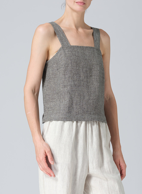 Linen Square Neckline Button-Back Straight Short Tank