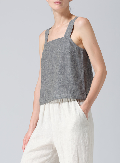 Linen Square Neckline Button-Back Straight Short Tank