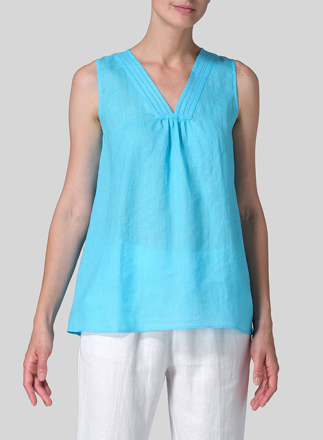 Linen Embroidered V-Neck Sleeveless Top