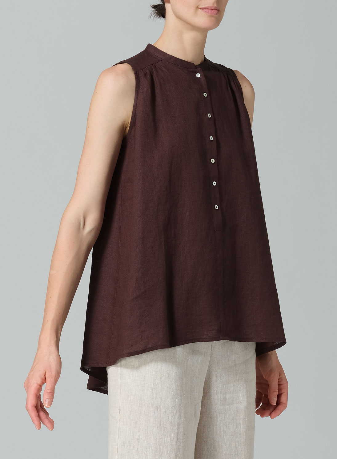 Linen Mandarin Collar A-Line Sleeveless Shirt