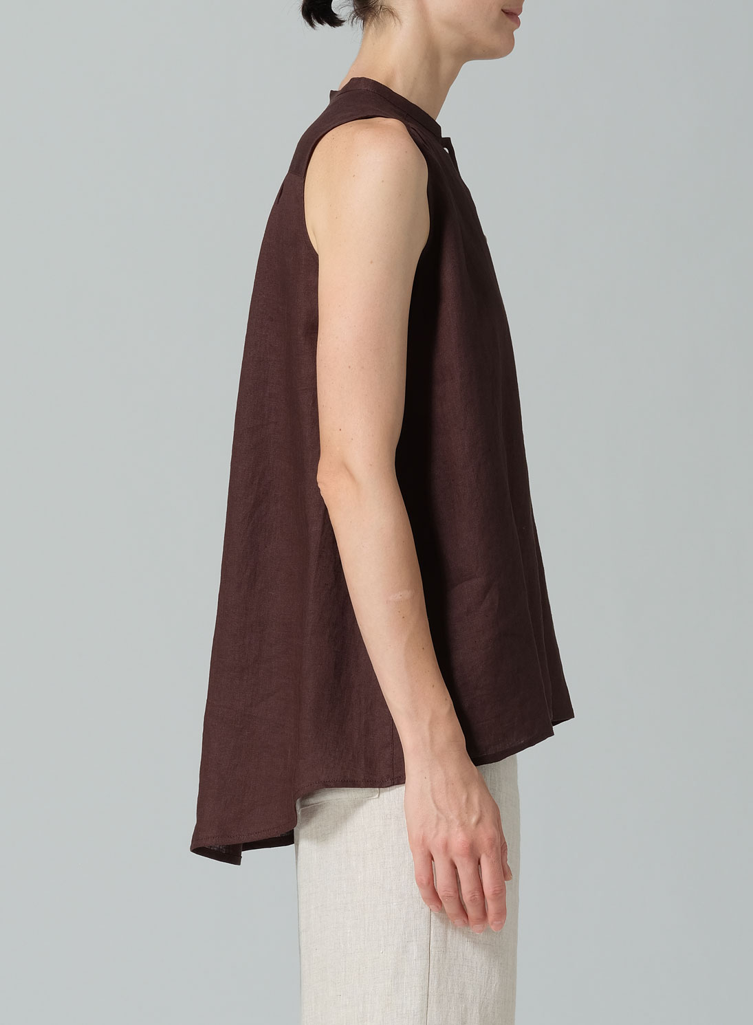 Linen Mandarin Collar A-Line Sleeveless Shirt