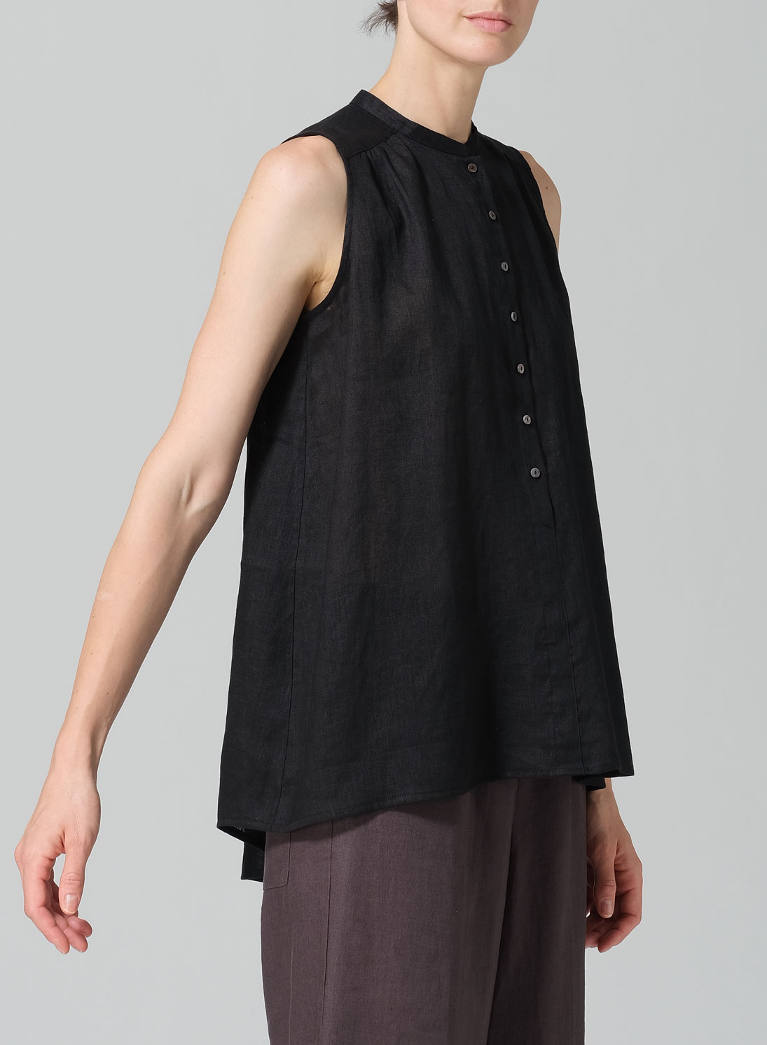 Linen Mandarin Collar A-Line Sleeveless Shirt