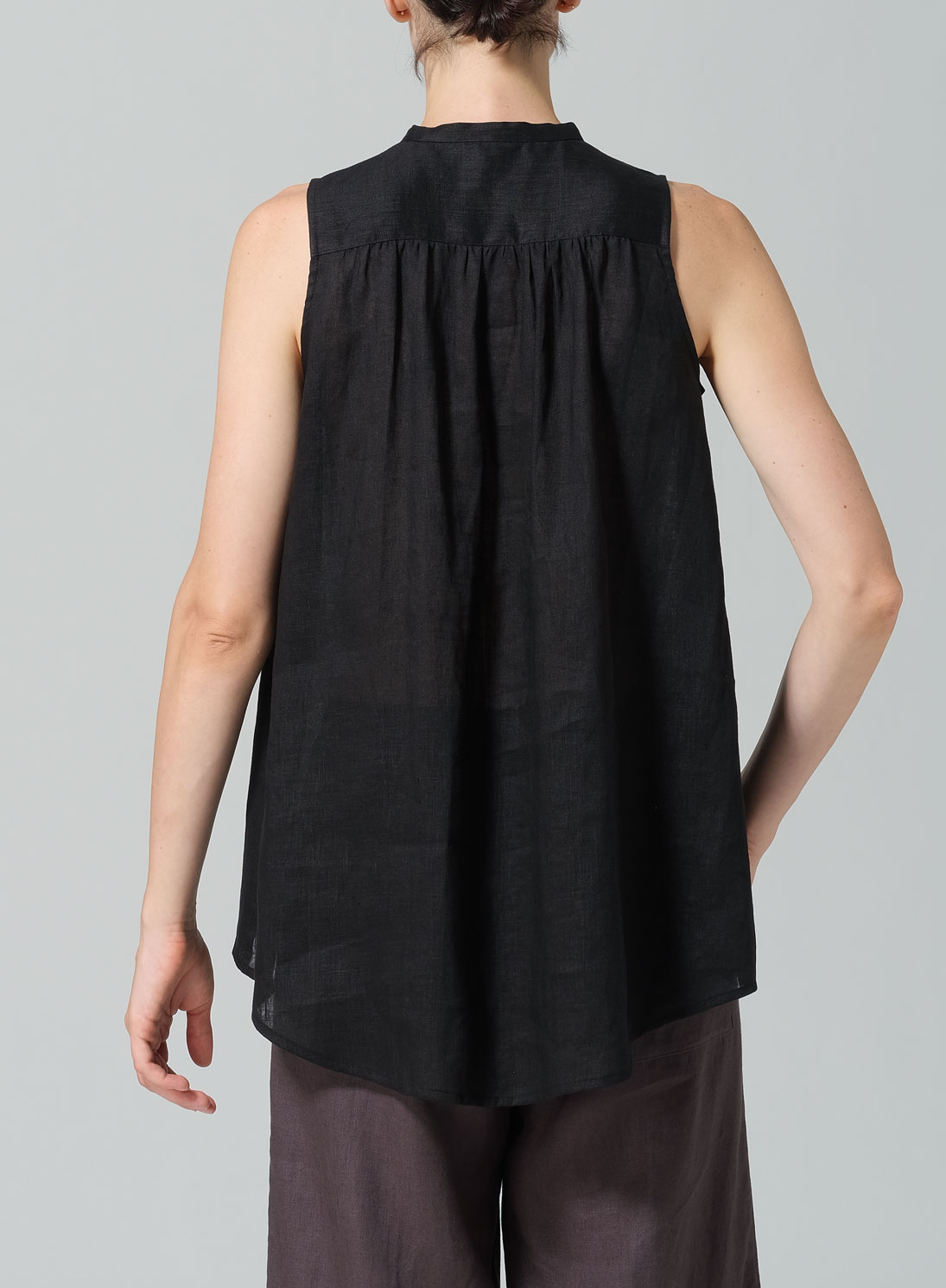 Linen Mandarin Collar A-Line Sleeveless Shirt