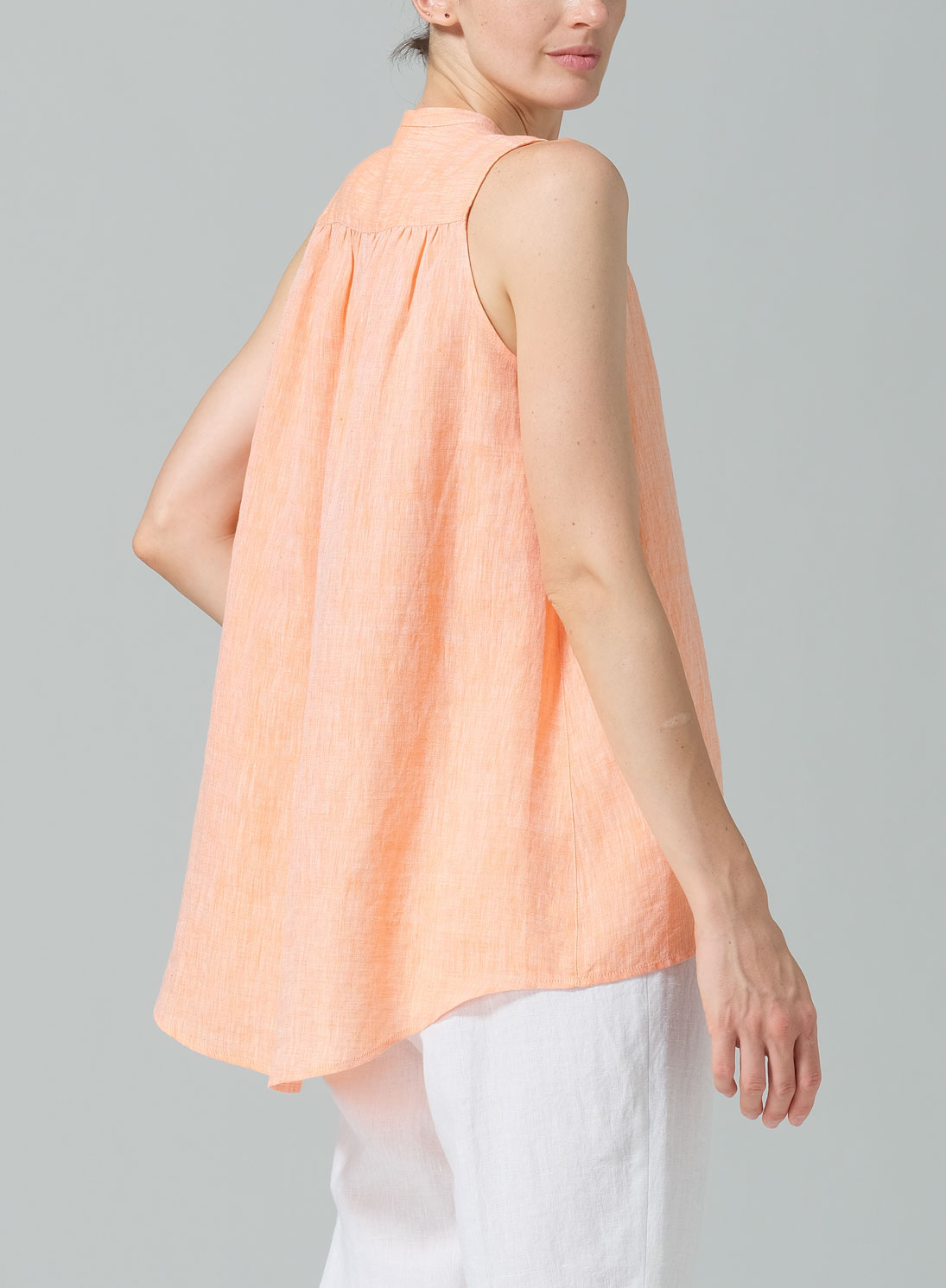 Linen Mandarin Collar A-Line Sleeveless Shirt