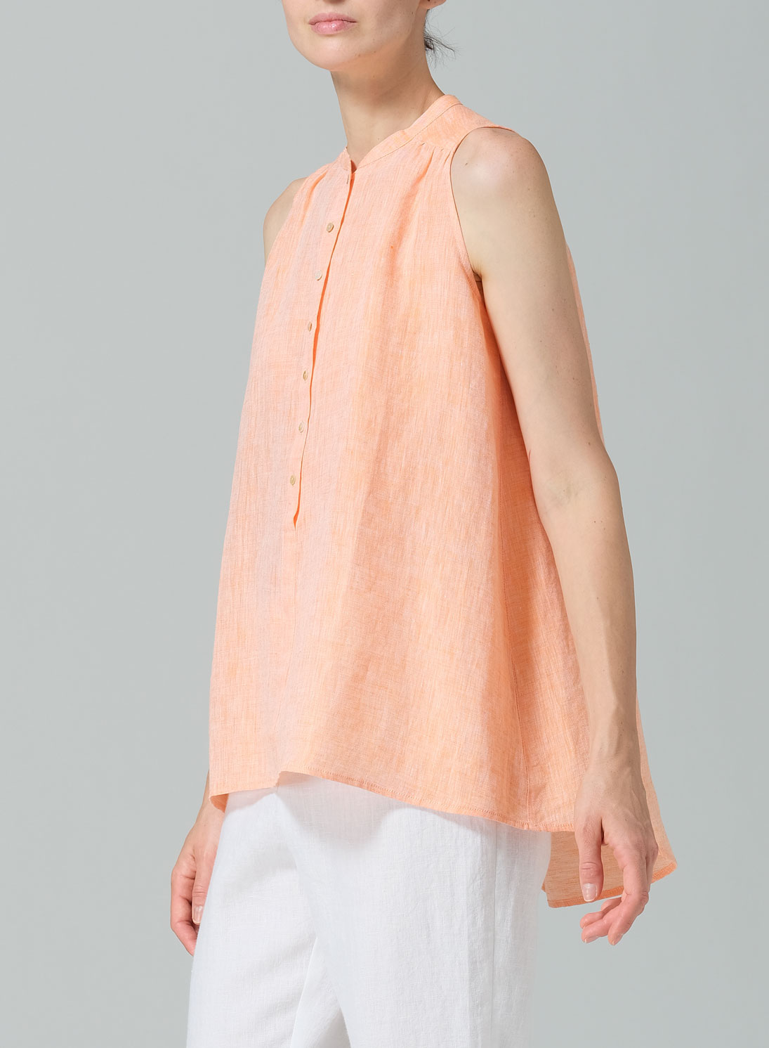 Linen Mandarin Collar A-Line Sleeveless Shirt