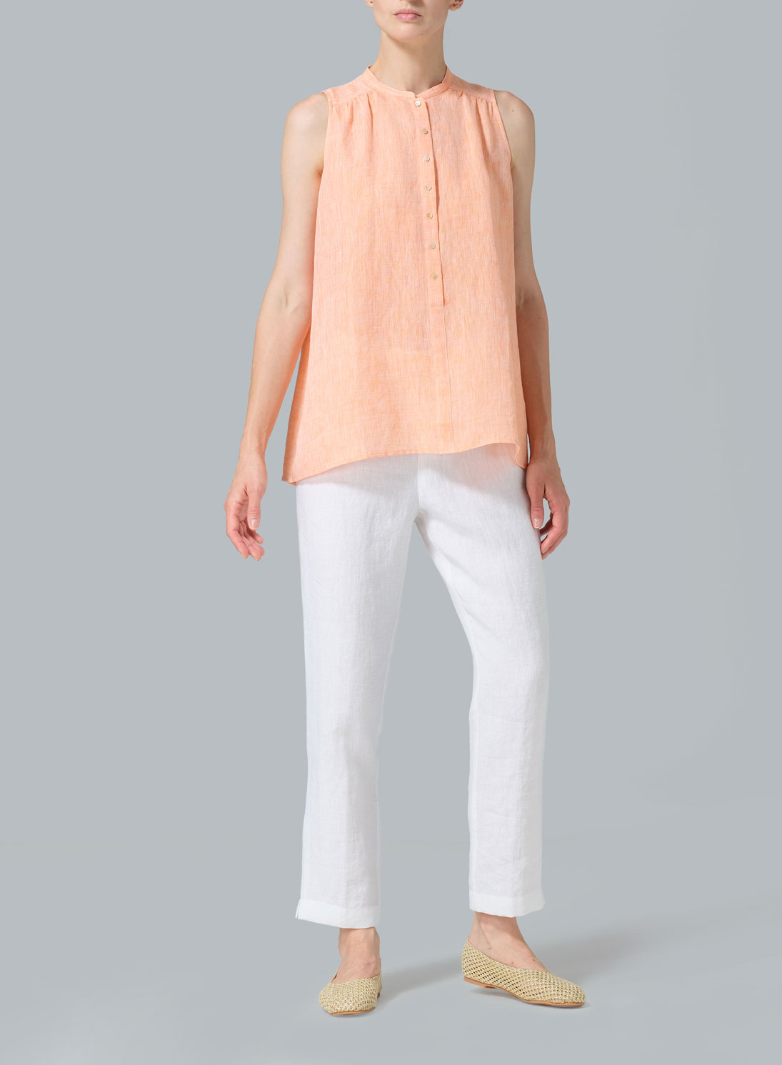 Linen Mandarin Collar A-Line Sleeveless Shirt