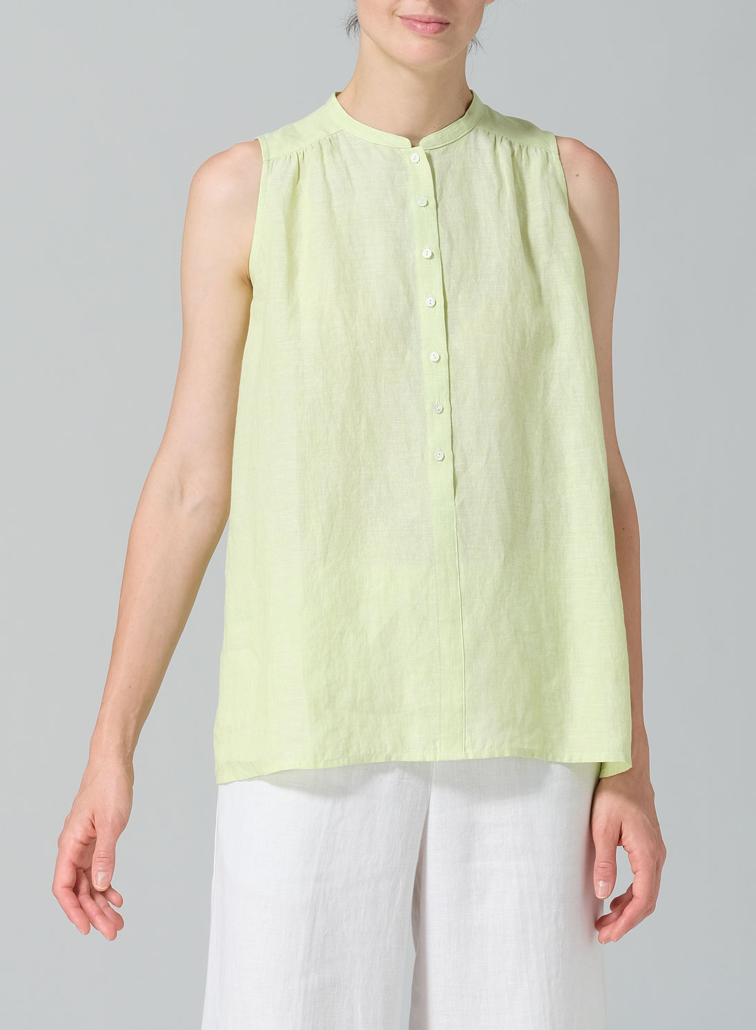 Linen Mandarin Collar A-Line Sleeveless Shirt