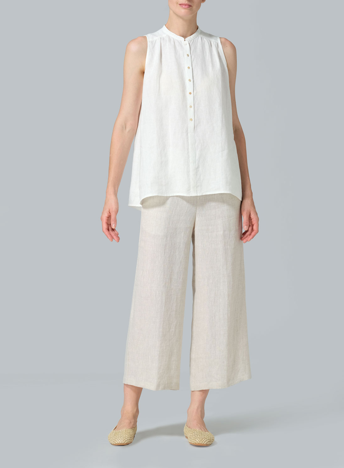 Linen Mandarin Collar A-Line Sleeveless Shirt