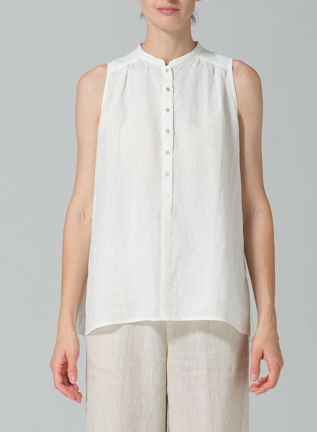 Linen Mandarin Collar A-Line Sleeveless Shirt