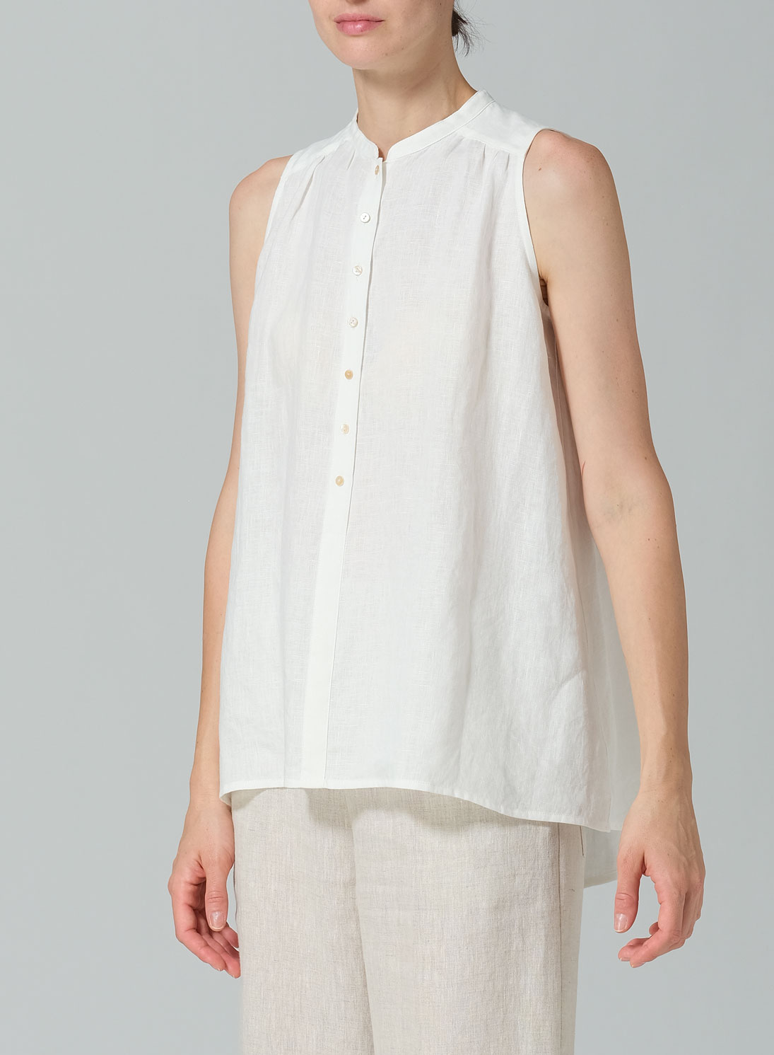 Linen Mandarin Collar A-Line Sleeveless Shirt