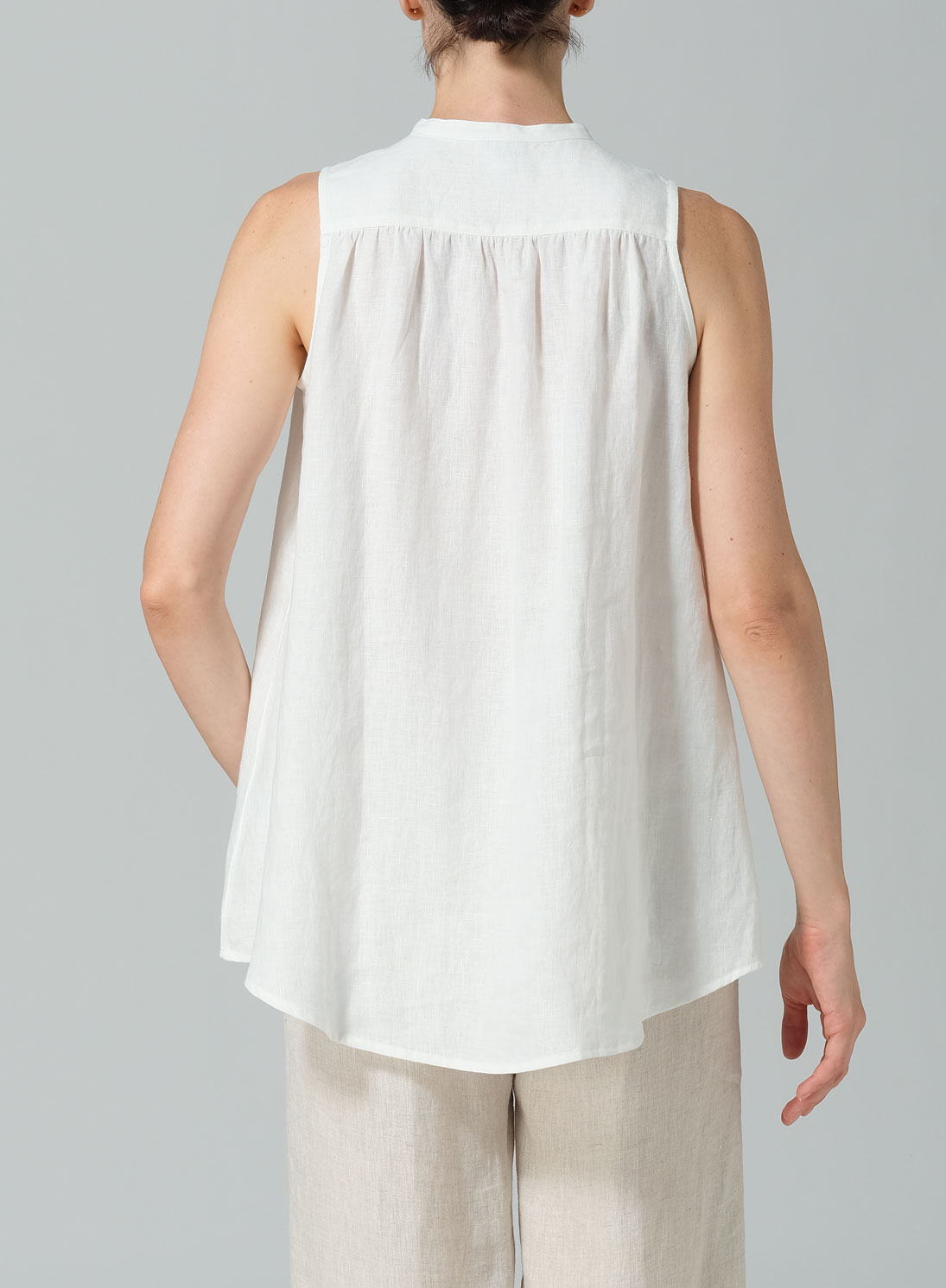 Linen Mandarin Collar A-Line Sleeveless Shirt