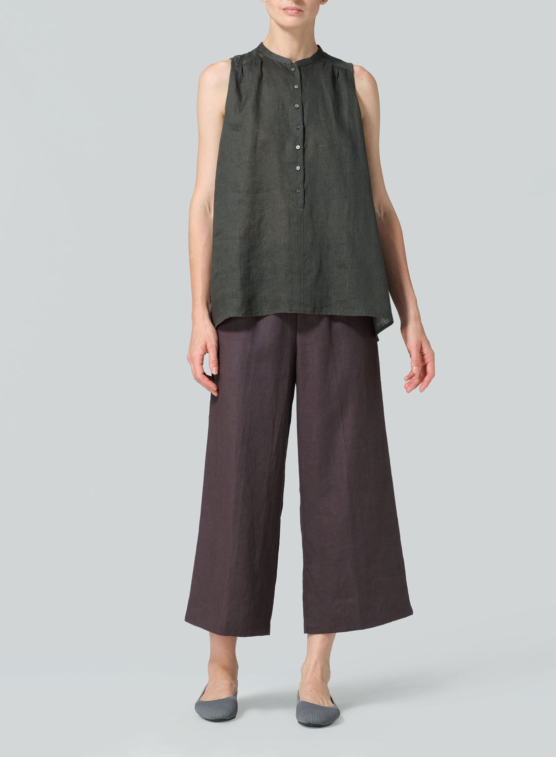 Linen Mandarin Collar A-Line Sleeveless Shirt